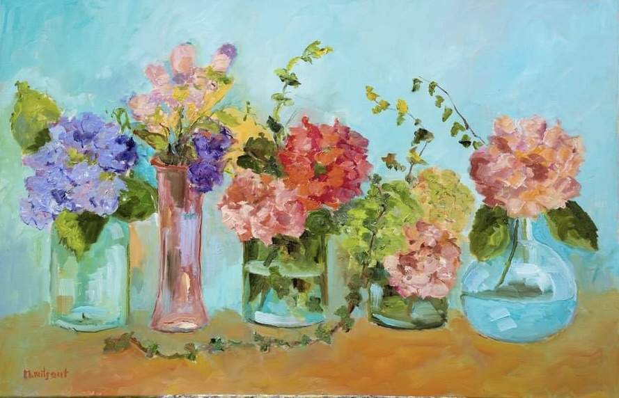 4 vases fleuris sur fond bleu