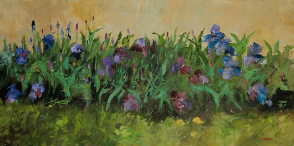 bosquet d'iris violet sur mur ocre clair